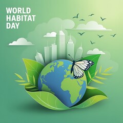 World habitat day earth surrounded by green leaves and city skyline with butterfly