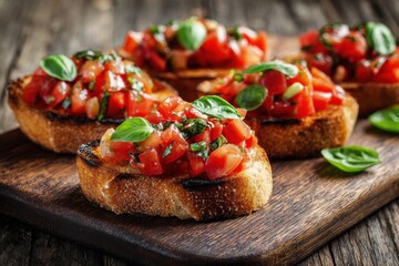 Delicious Bruschetta with Fresh Tomato Topping and Basil on Wooden Board
