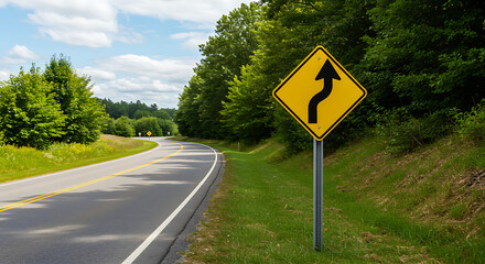 Winding Road Sign Navigating Turns in Nature's Embrace
