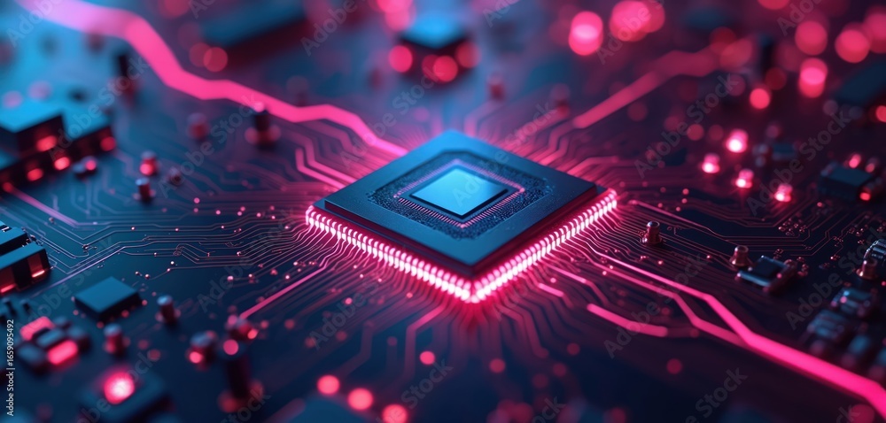 Poster abstract illustration features glowing neon circuit board with central microchip. crimson lines trac