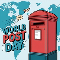 World post day celebration with red post box and flying mail
