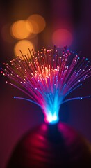 Close-up of illuminated fiber optic strands glowing with vibrant blue and pink light, creating a bokeh effect in the background, symbolizing communication and technology