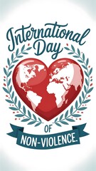 Heart shaped earth with international day of non violence text and laurel wreath