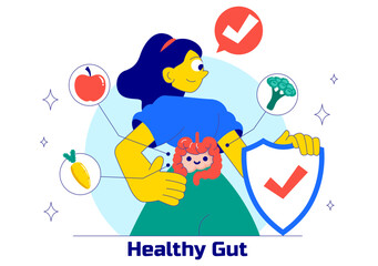 Healthy Gut Illustration featuring Human Digestive System Anatomy with Gut Microflora, Inflamed Intestinal Cells, Bacteria, and Probiotics Background