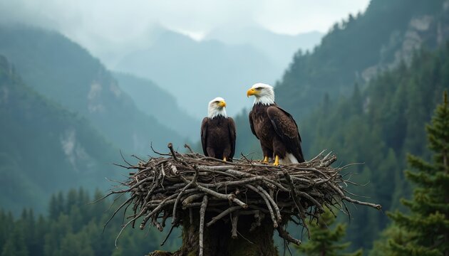 Two majestic bald eagles sit in a large nest of branches. They are perched high in misty mountains, surrounded by lush green forests, symbolizing freedom and strength in the wild.