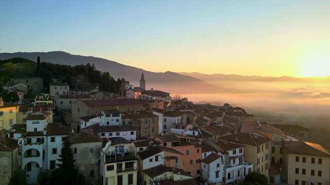 Aerial drone view of the Barga medieval town and comune of the province of Lucca in Tuscany, Italy