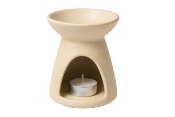 Beige aroma lamp with tea light candle warming essential oil on transparent background