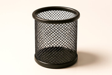 Black mesh metal pen holder isolated on white background