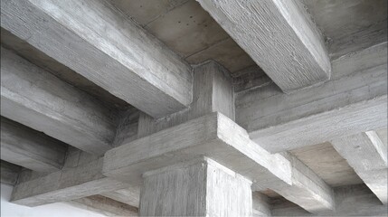 Concrete beams intersect at various angles, creating a complex structural pattern