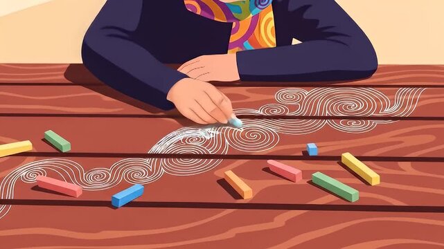 Elderly woman drawing chalk art on wooden table at park, creative expression and joy