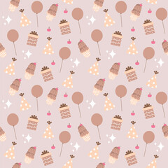 Seamless Pattern Pastel Chocolate Party with Balloons Cake Ice Cream and Party Hats for Celebration Background