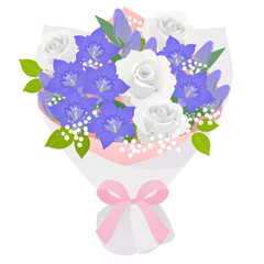 リンドウと白薔薇の花束_ベクターイラスト