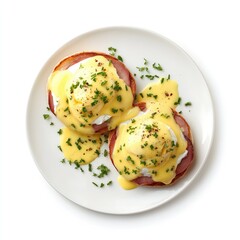 Delicious eggs benedict with hollandaise sauce and parsley on white plate
