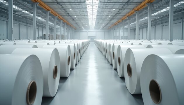 Vast industrial warehouse numerous large rolls of white paper. Clean, spacious facility suggests efficient storage, distribution processes. Daylight illuminates organized stacks, hinting at modern