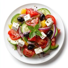 Greek salad with fresh vegetables, feta cheese, and olives on white plate