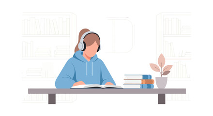 Serene student in hoodie engrossed in studies with headphones, promoting focused learning, academic success, and educational resources for Adobe Stock users.