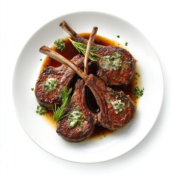 Grilled lamb chops with rosemary and herb butter on white plate