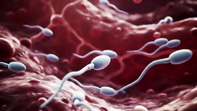 Microscopic Sperm Cells Journeying Through a Vibrant Red Landscape Symbolizing Fertility and Reproductive Health Under Detailed Microscopic View with Vivid Red Hue