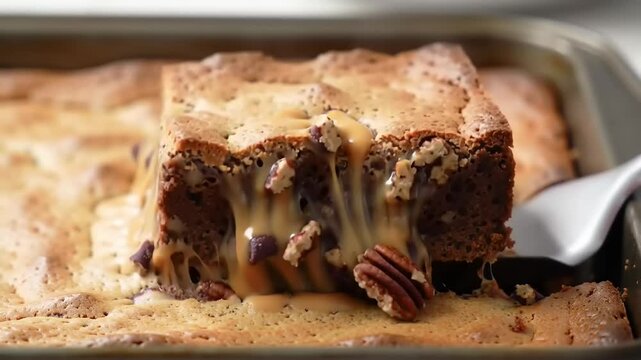 Close-up of a gooey, caramel-drizzled brownie bar