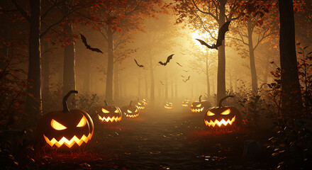 Eerie Halloween forest path illuminated by spooky glowing jack-o-lanterns