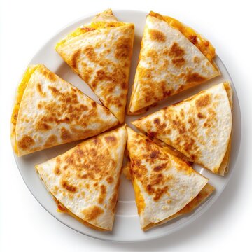 Cheesy chicken quesadilla slices on white plate &ndash; savory snack