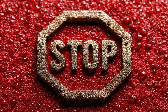 Octagonal stop sign imprinted on red, granular surface - Powered by Adobe