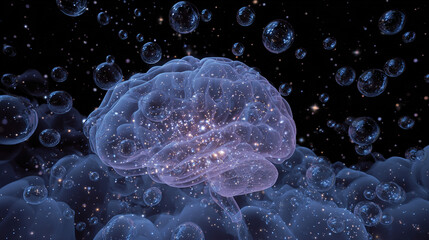 Obraz premium Translucent brain with dream bubbles containing galaxies under a starry night sky.