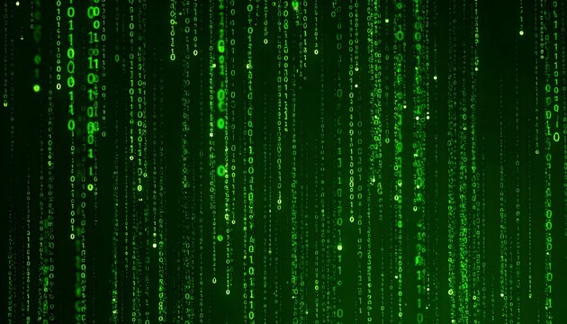 Digital Rain: Cascading Green Binary Code Stream, Matrix Style, Data Flow