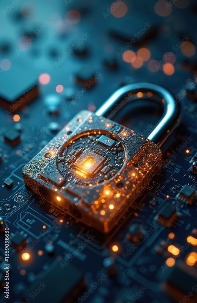 Poster digital padlock integrated into circuit board, glowing with internal light. encryption, data protect