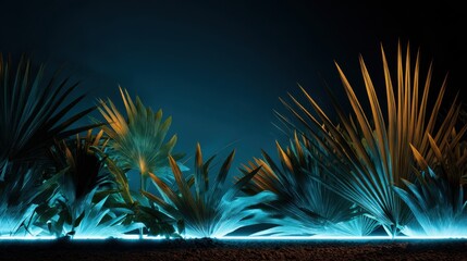 Neon Blue and Yellow Tropical Plants with Dark Background, Perfect for Modern Decorations and Artistic Background Designs