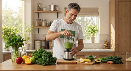 Man in a kitchen making a green smoothie Fruits vegetables blender and plants are visible on the counter