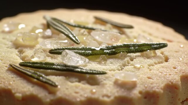 Close-up of a honey-flavored shortbread cookie with rosemary sprigs and sea salt