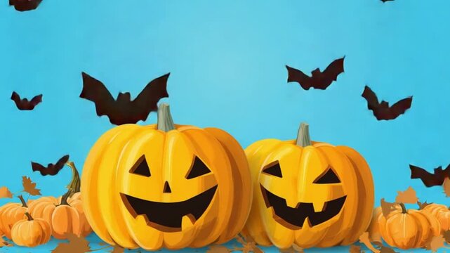 Two cheerful Halloween pumpkins with carved faces surrounded by autumn leaves and a bat