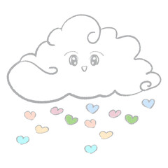 Smiling Cute Puffy Swirly Cloud with Hearts Shaped Rain / Love Rain in Colorful Pastel Colors