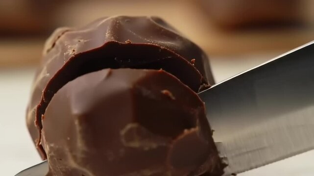 Close-up of a knife cutting a dark chocolate truffle