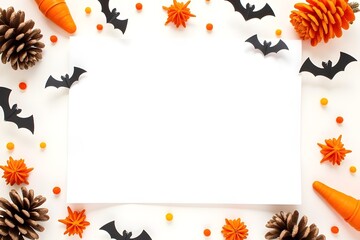 Happy Halloween mockup with empty paper blank with festive decorations top view. Halloween party flat lay on white background. 3d rendering.