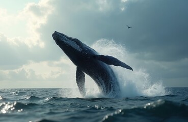 Fototapeta premium Majestic whale breaches ocean surface, splashing water in dramatic display of marine wildlife. Immense creature powerful movement through sea highlights natural beauty, aquatic grace. Solitary bird