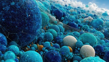 A vast expanse of glistening spheres in varying shades of blue and white, interconnected by a delicate web-like structure