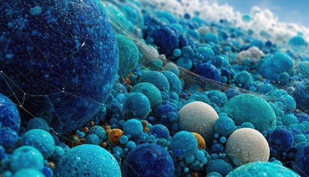 A vast expanse of glistening spheres in varying shades of blue and white, interconnected by a delicate web-like structure