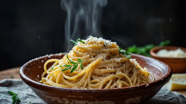 Steaming Spaghetti Cacio e Pepe in Rustic Bowl with Rosemary and Cheese