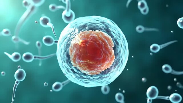Microscopic View of Sperm Cells Approaching Egg Cell with Teal Background Perfect for Educational and Medical Content and Representing Human Fertilization