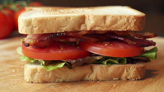 Classic Blt Sandwich with Crispy Bacon Tomato and Lettuce on White Bread on Wooden Cutting Board with Red Tomatoes