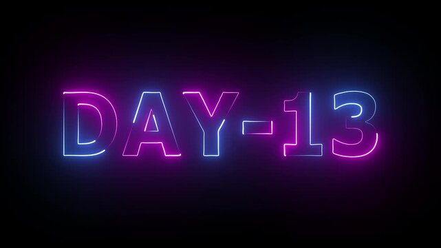 Neon Day 13, 13Day text animation videos on black background. 13 Day To Go glowing neon animation Videos. Display day text animation.