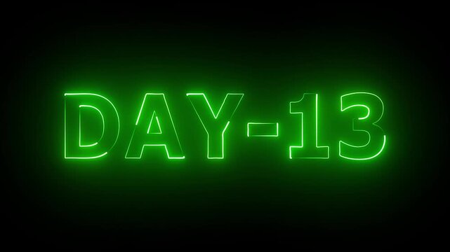 Neon Day 13, 13Day text animation videos on black background. 13 Day To Go glowing neon animation Videos. Display day text animation.