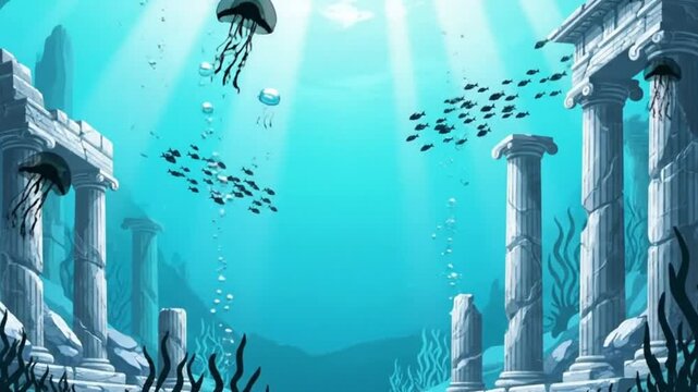 Ancient Underwater Ruins with Jellyfish and School of Fish, Majestic Oceanic Depths with Columns and Archways
