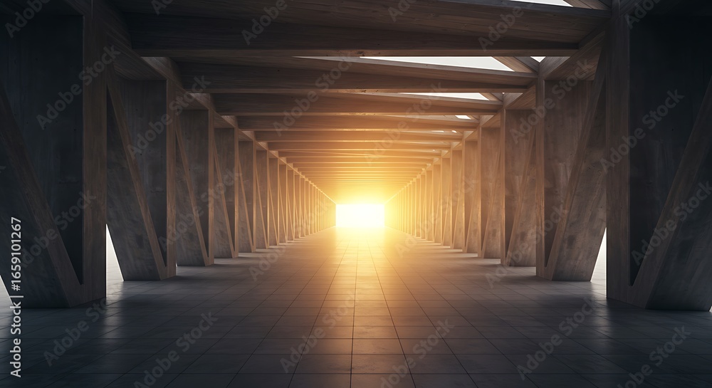 Aufkleber modern elegant triangle wood columns roof structure on tiled concrete cement floor glowing orange li