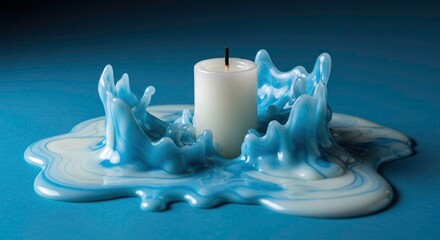 Candle melting with blue wax creating wave shapes