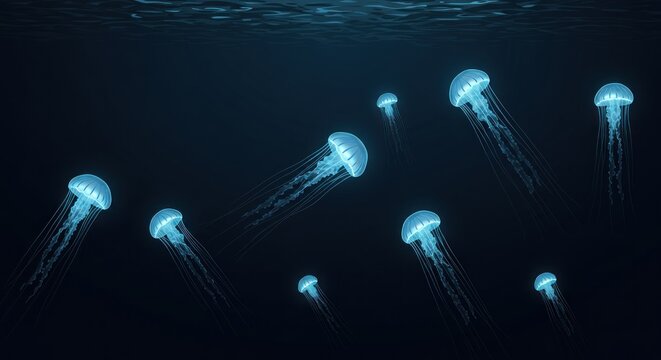 Glowing jellies float underwater in deep, dark blue, light breaking on the surface above