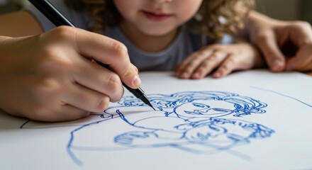 Child Drawing a Portrait with Parental Guidance Nearby