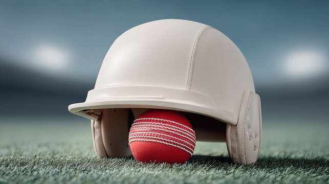Professional Cricket Helmet and Ball on Green Grass Under Stadium Lights Modern Premium Sports Equipment for Night Match Marketing and Advertising Campaigns - Powered by Adobe